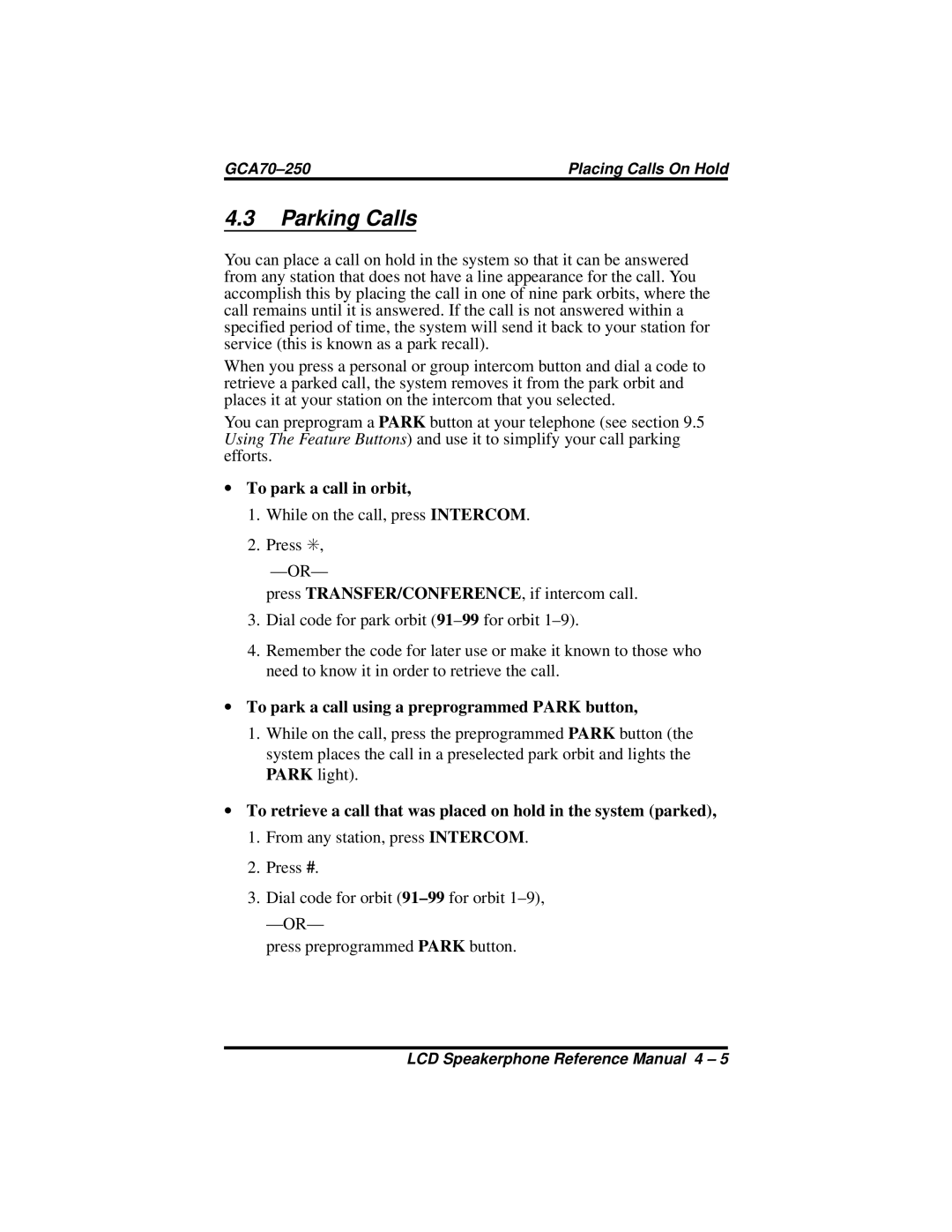 Vertical Communications 8324F Parking Calls, To park a call in orbit, To park a call using a preprogrammed Park button 