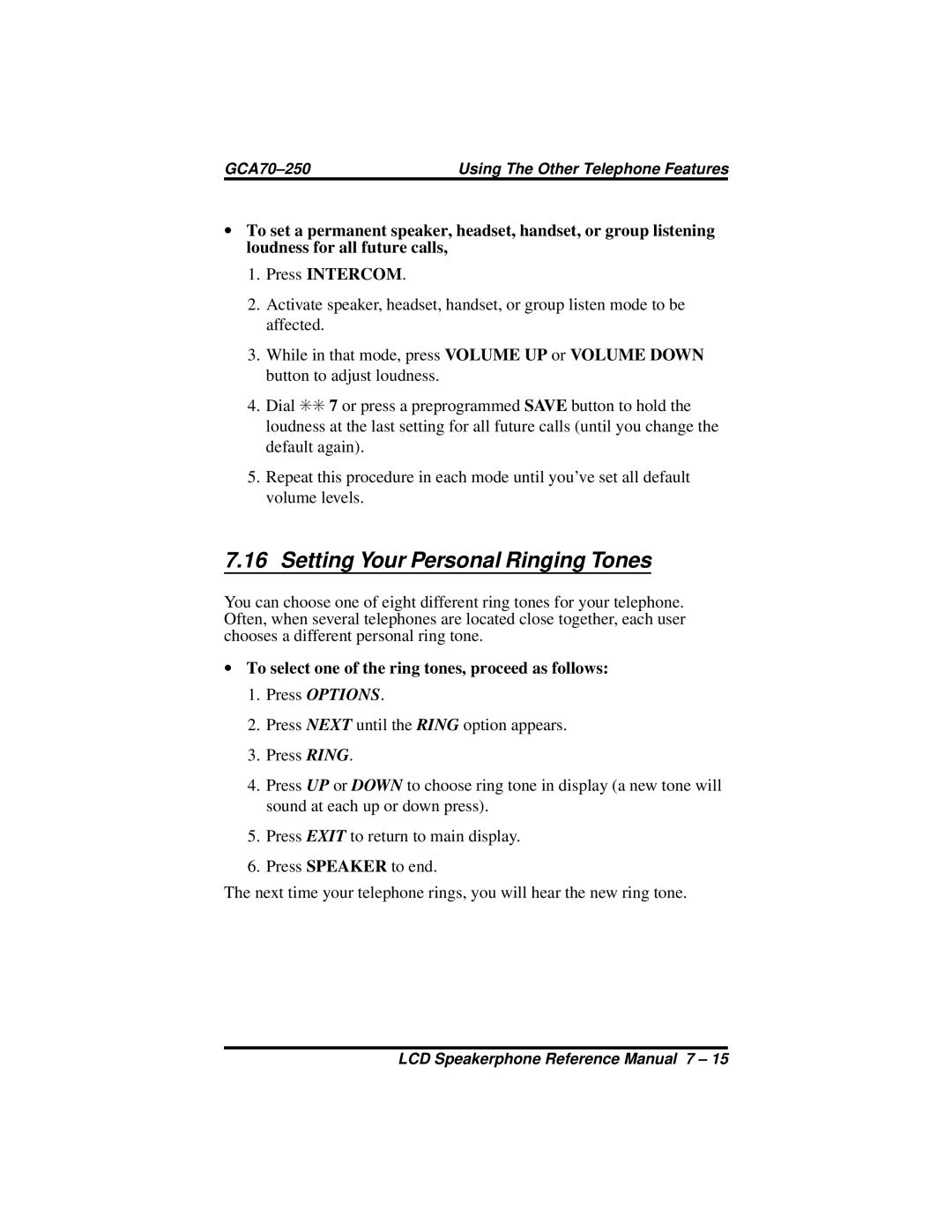 Vertical Communications 8324F Setting Your Personal Ringing Tones, To select one of the ring tones, proceed as follows 