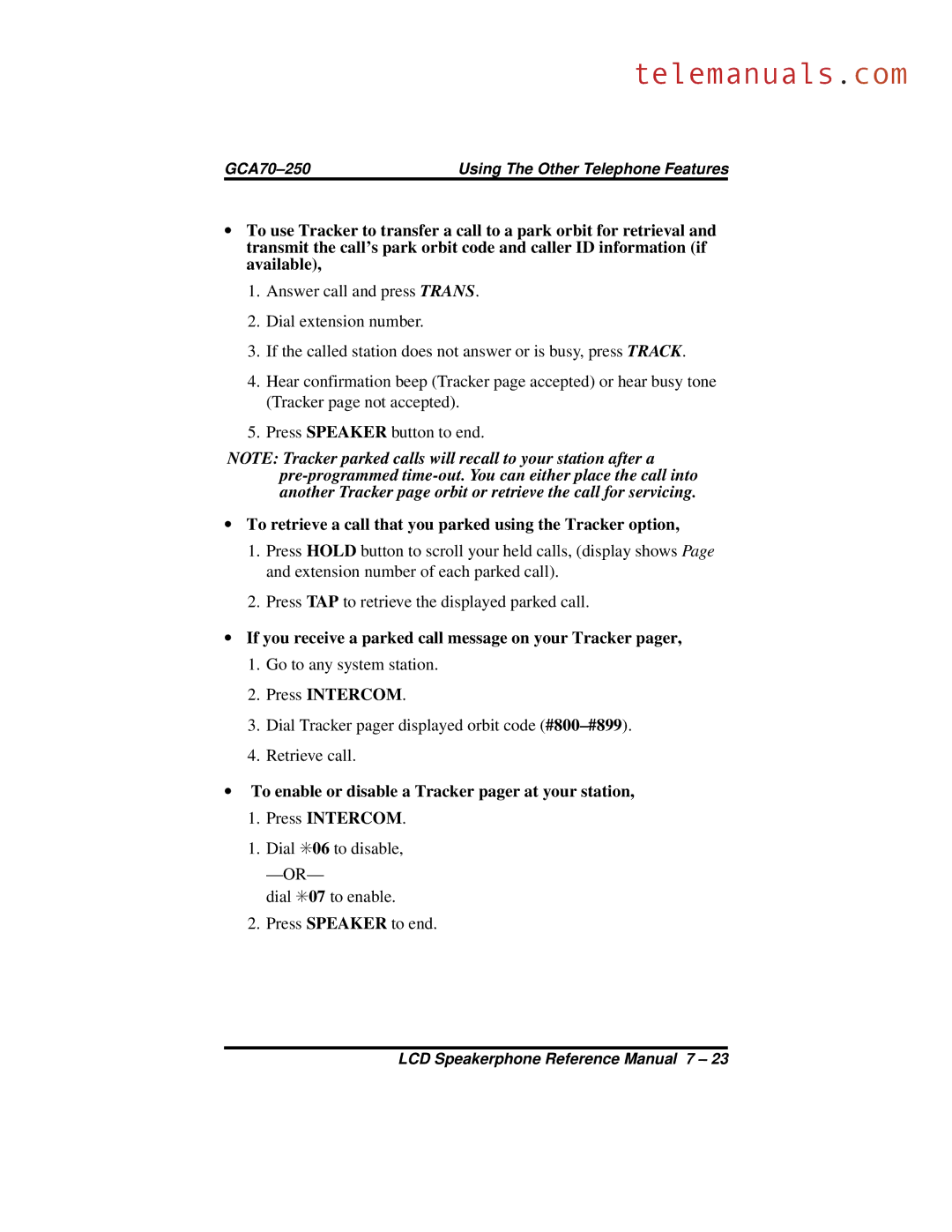 Vertical Communications 8324S, 8312S, 8324F manual To retrieve a call that you parked using the Tracker option 