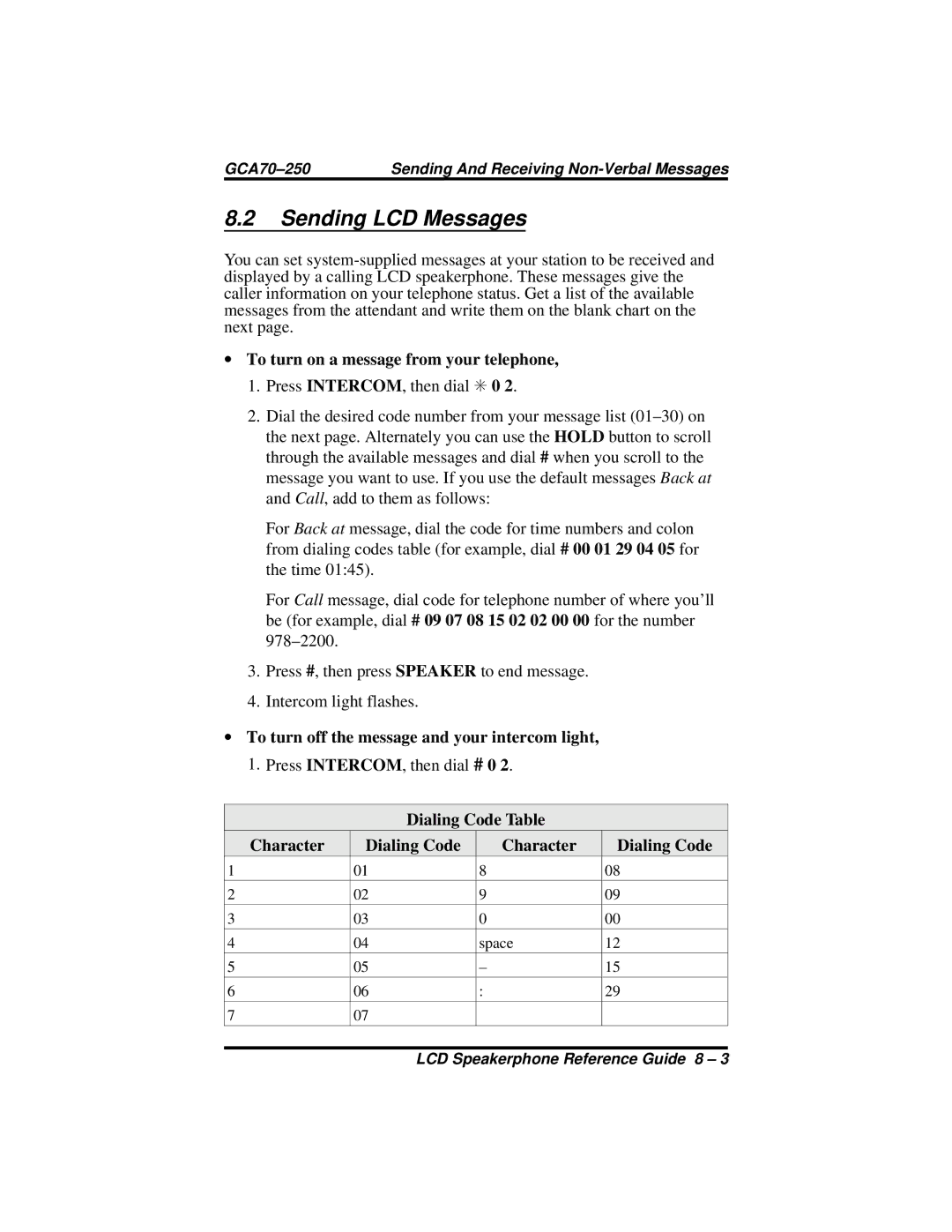 Vertical Communications 8324S Sending LCD Messages, To turn on a message from your telephone, Dialing Code Table Character 