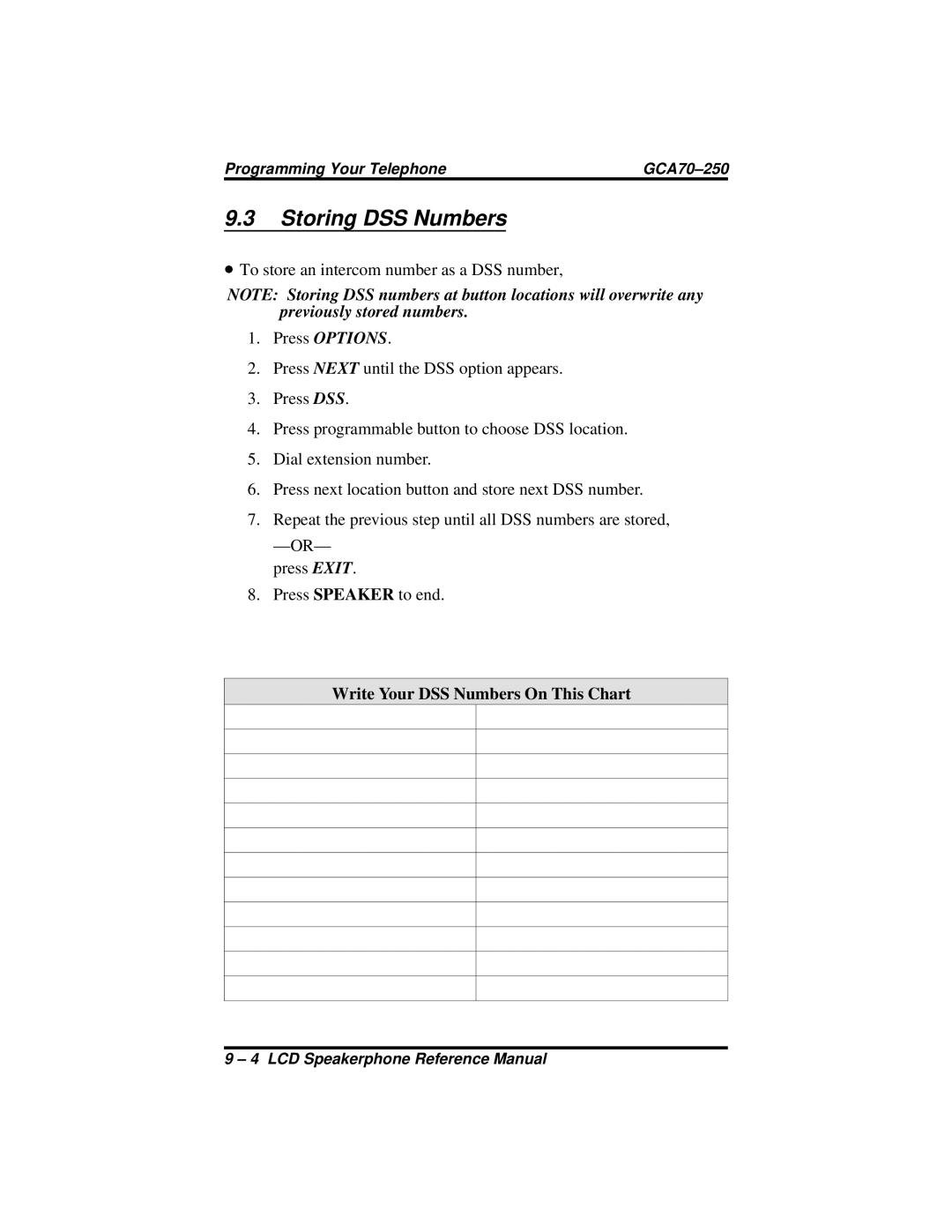 Vertical Communications 8324F, 8312S, 8324S manual Storing DSS Numbers, Write Your DSS Numbers On This Chart 