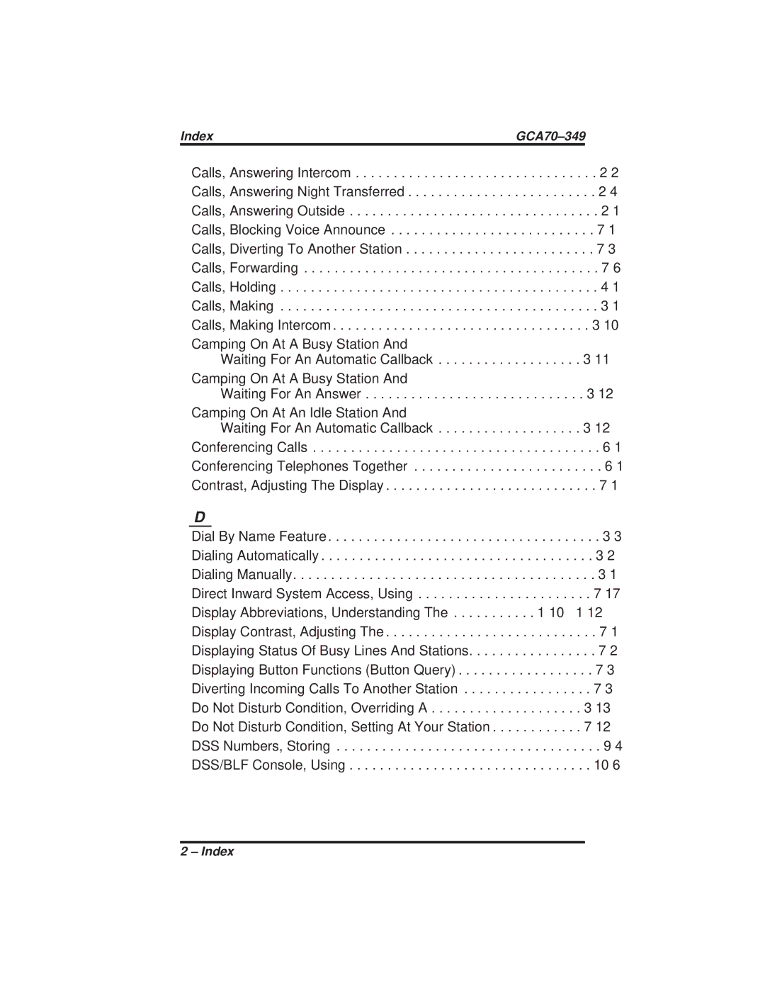 Vertical Communications 8412S, 8412F manual Index GCA70-349 