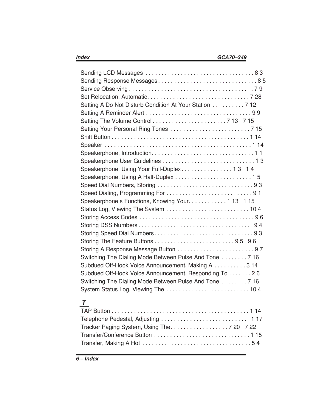 Vertical Communications 8412S, 8412F manual Index GCA70-349 