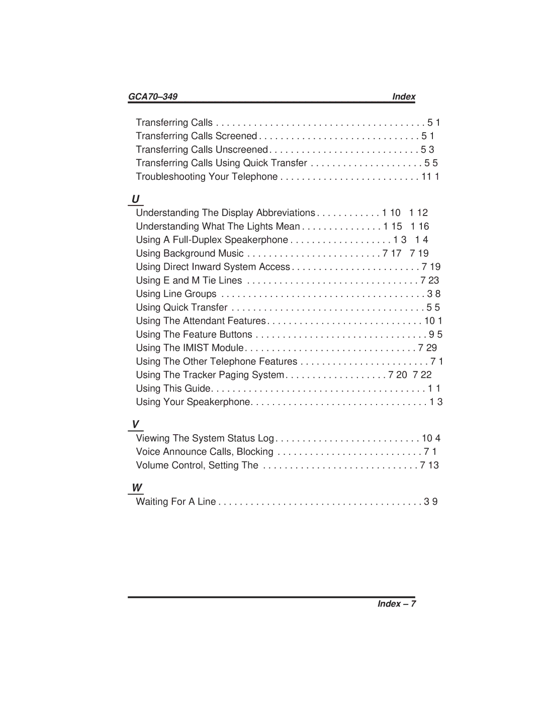 Vertical Communications 8412F, 8412S manual GCA70-349 Index 