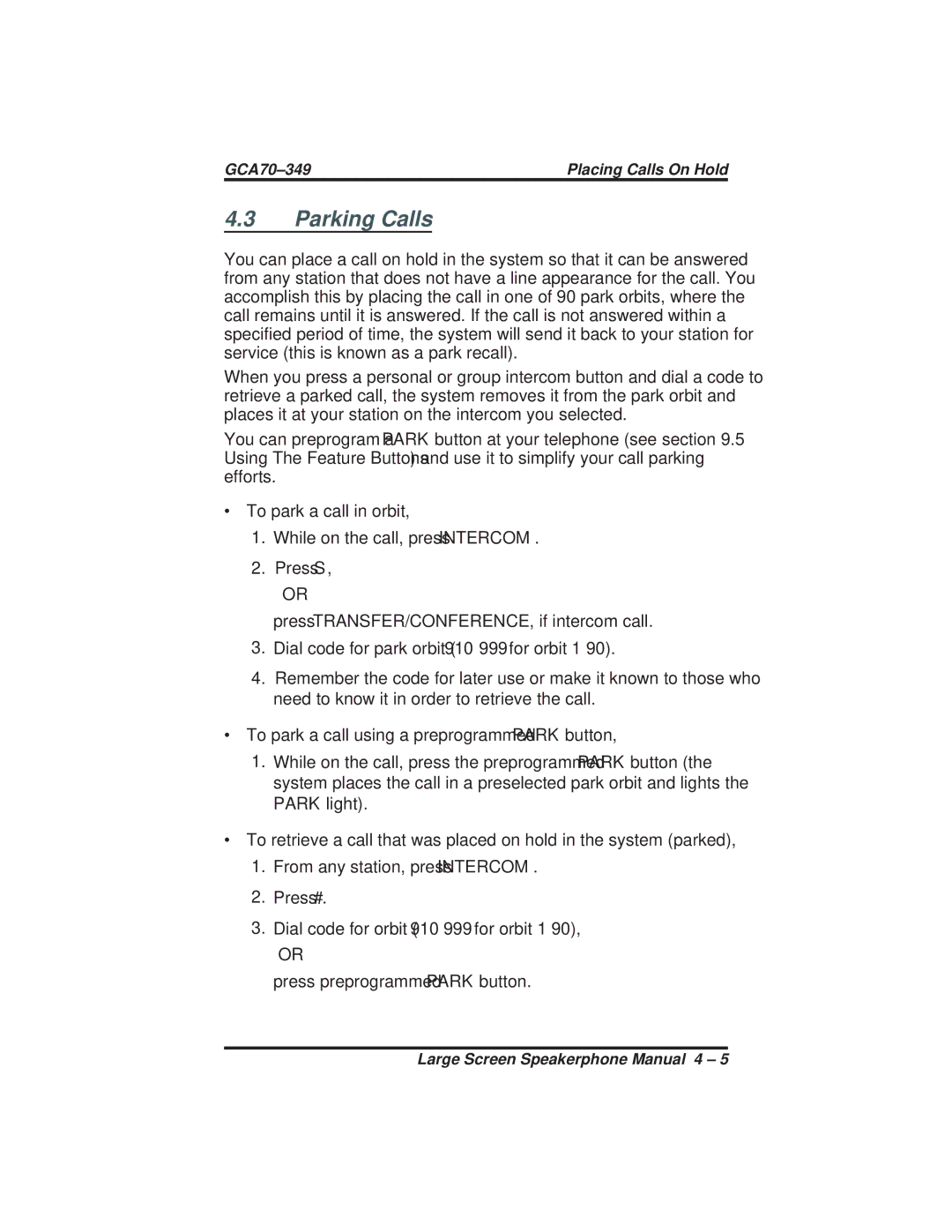 Vertical Communications 8412F, 8412S manual Parking Calls 