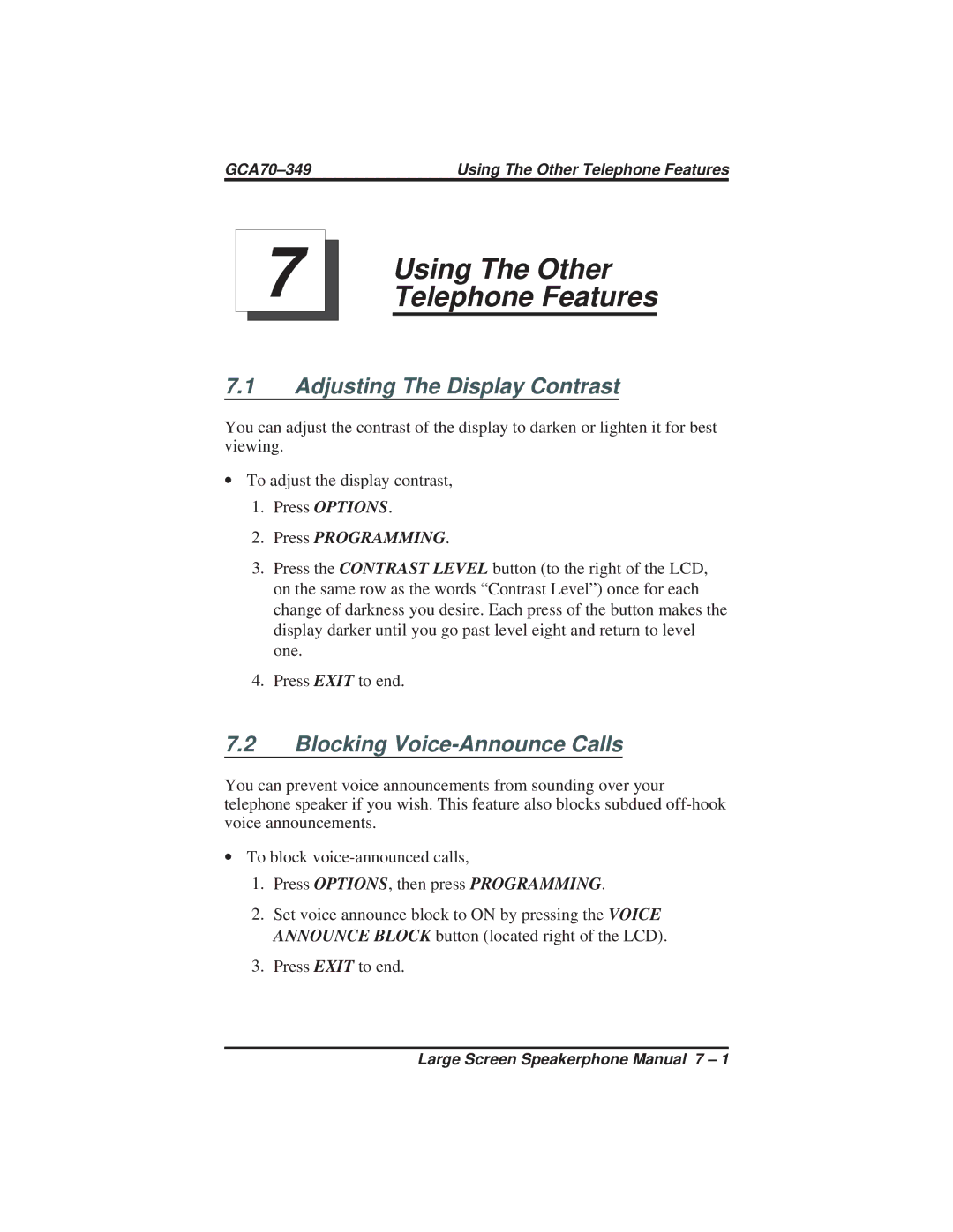 Vertical Communications 8412F, 8412S manual Using The Other, Telephone Features, Adjusting The Display Contrast 