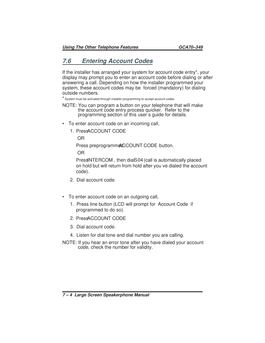 Vertical Communications 8412S, 8412F manual Entering Account Codes, Press Account Code 