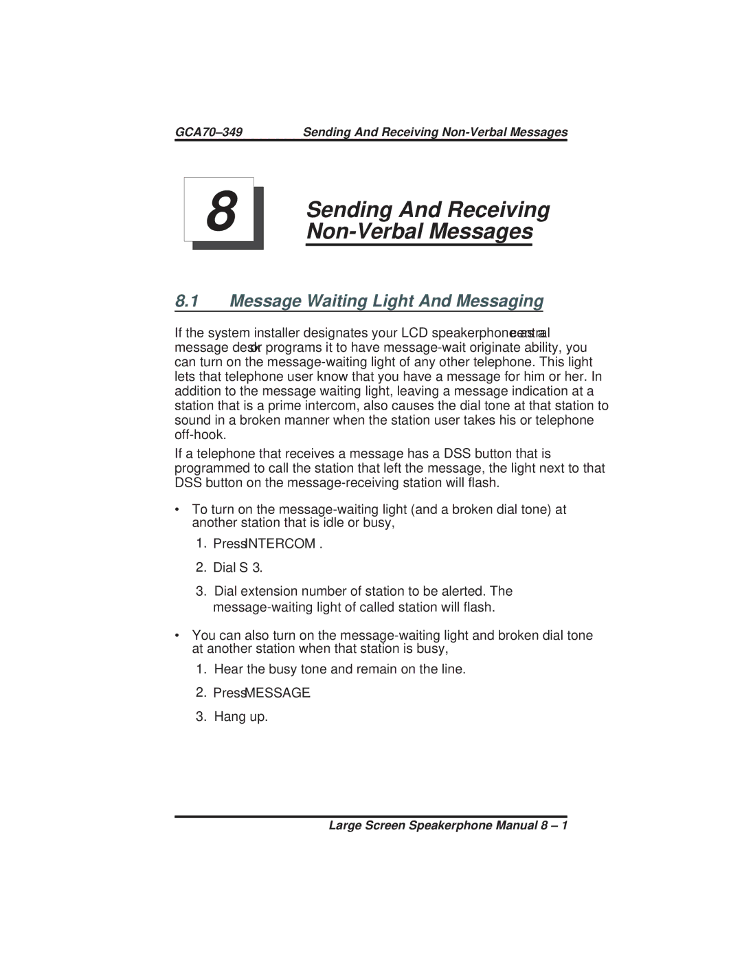 Vertical Communications 8412F, 8412S manual Sending And Receiving, Non-Verbal Messages, Message Waiting Light And Messaging 