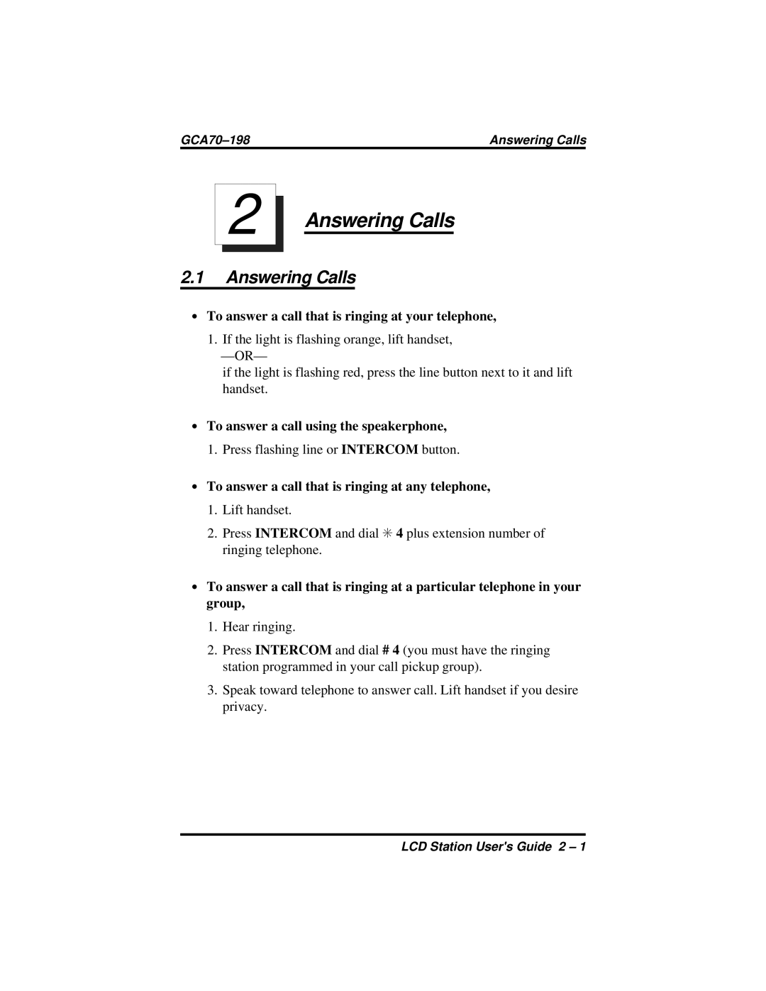 Vertical Communications and FX Series manual Answering Calls, ∙ To answer a call that is ringing at your telephone 