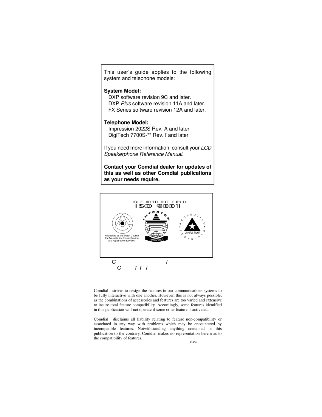 Vertical Communications and FX Series manual System Model 