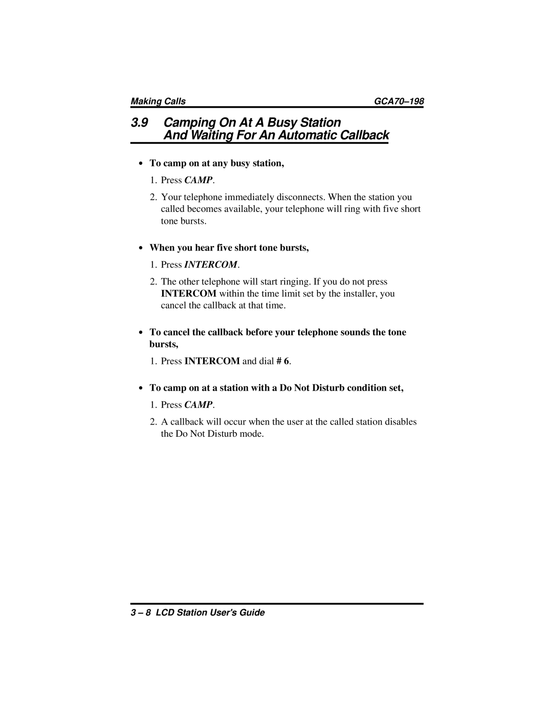 Vertical Communications and FX Series manual ∙ To camp on at any busy station, ∙ When you hear five short tone bursts 