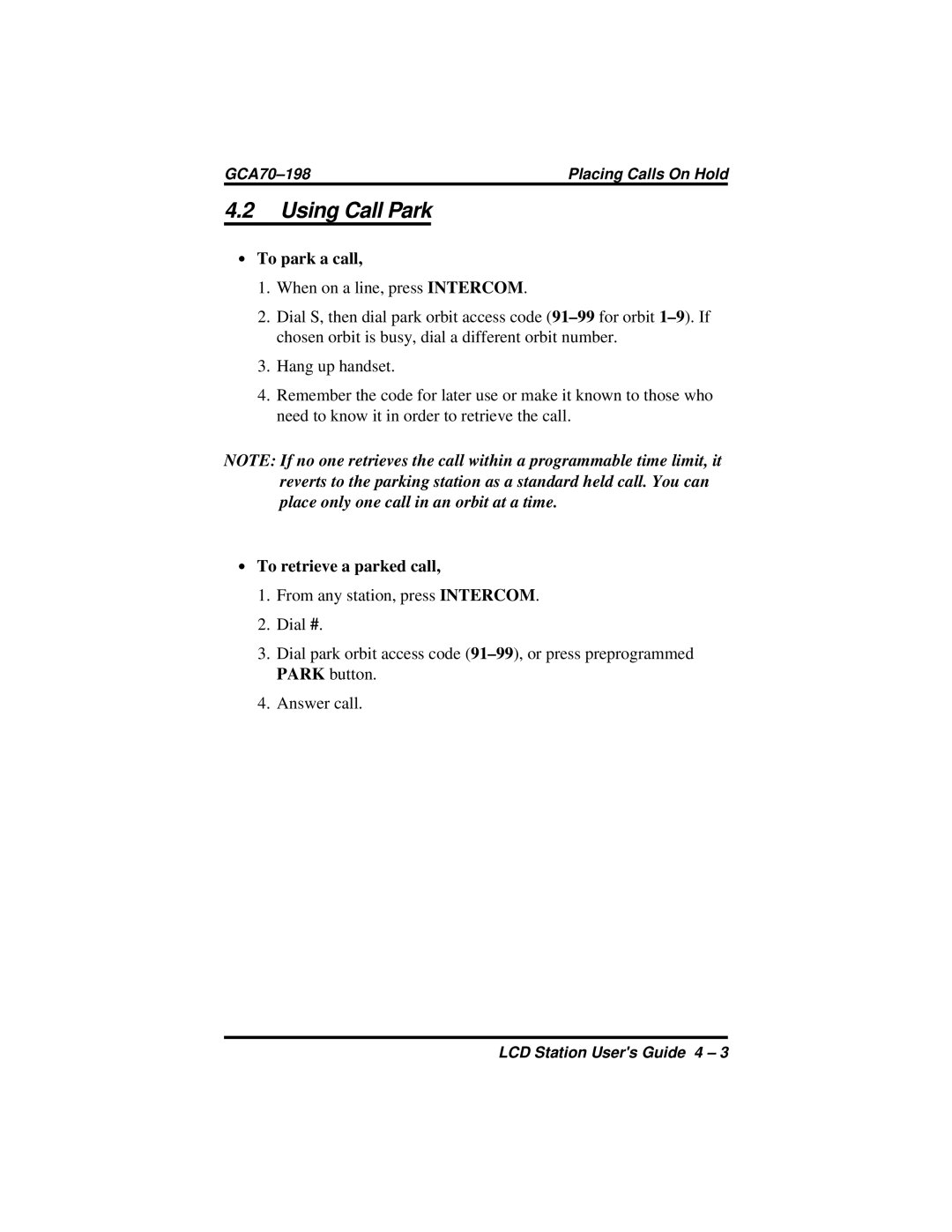 Vertical Communications and FX Series manual Using Call Park, ∙ To park a call, ∙ To retrieve a parked call 