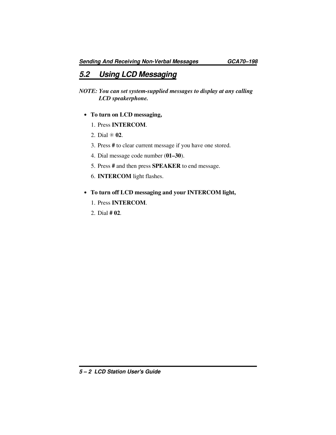 Vertical Communications and FX Series manual Using LCD Messaging, ∙ To turn on LCD messaging Press Intercom 