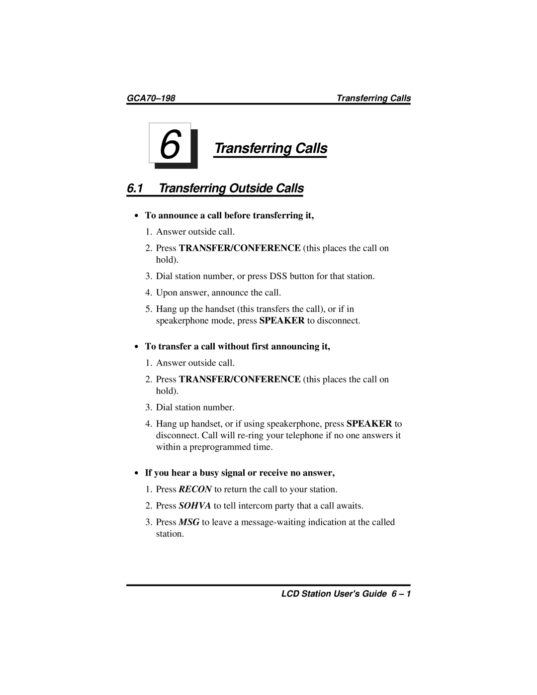 Vertical Communications and FX Series manual Transferring Outside Calls, ∙ To announce a call before transferring it 