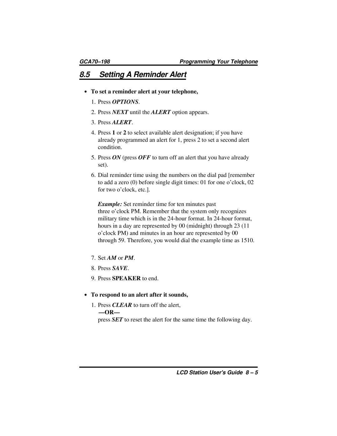 Vertical Communications and FX Series manual Setting a Reminder Alert, ∙ To set a reminder alert at your telephone 