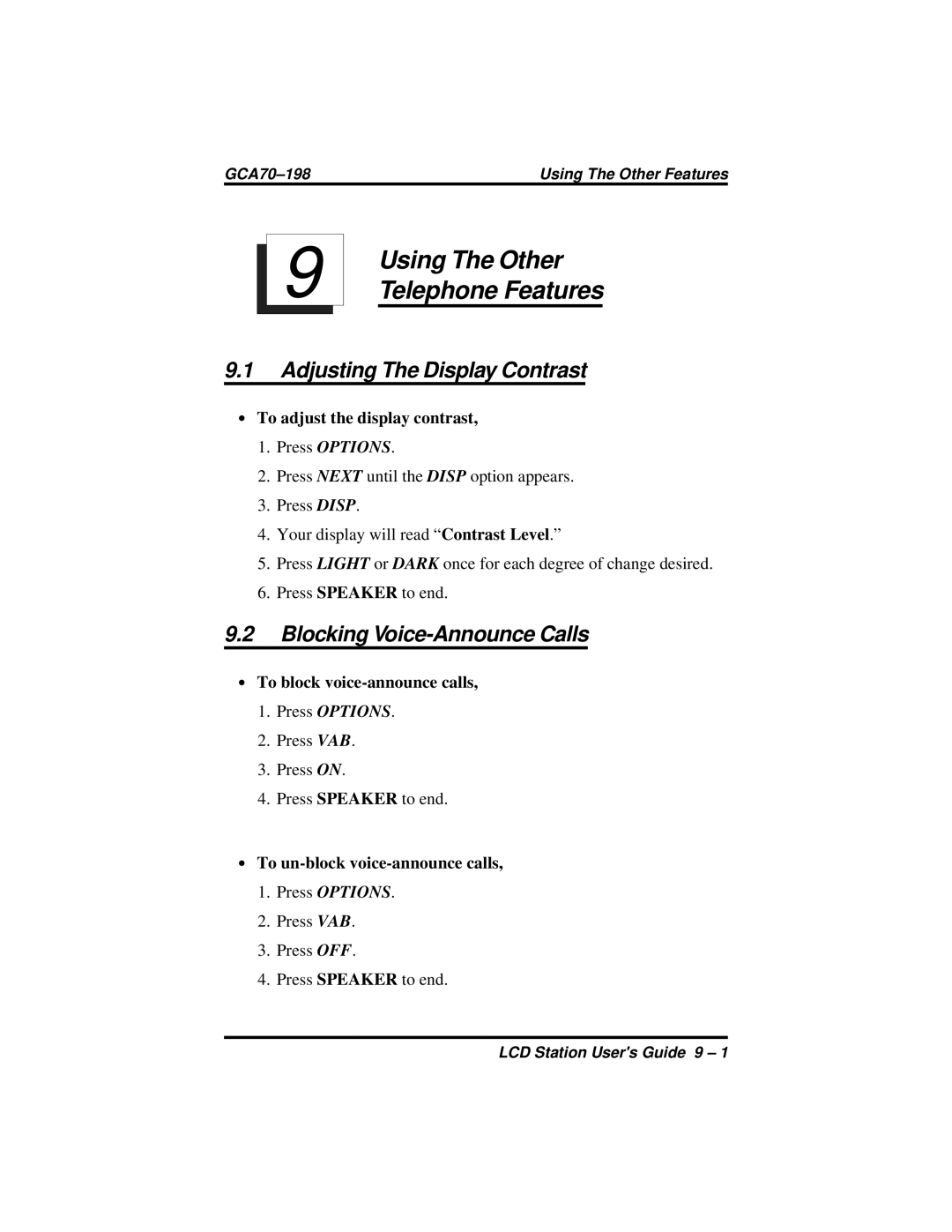 Vertical Communications and FX Series manual Adjusting The Display Contrast, Blocking Voice-Announce Calls 