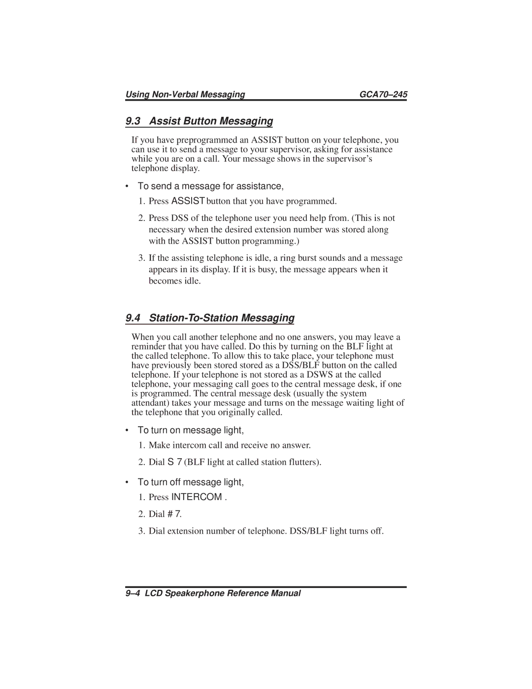 Vertical Communications DSU and DSU II Assist Button Messaging, Station-To-Station Messaging, ∙ To turn on message light 