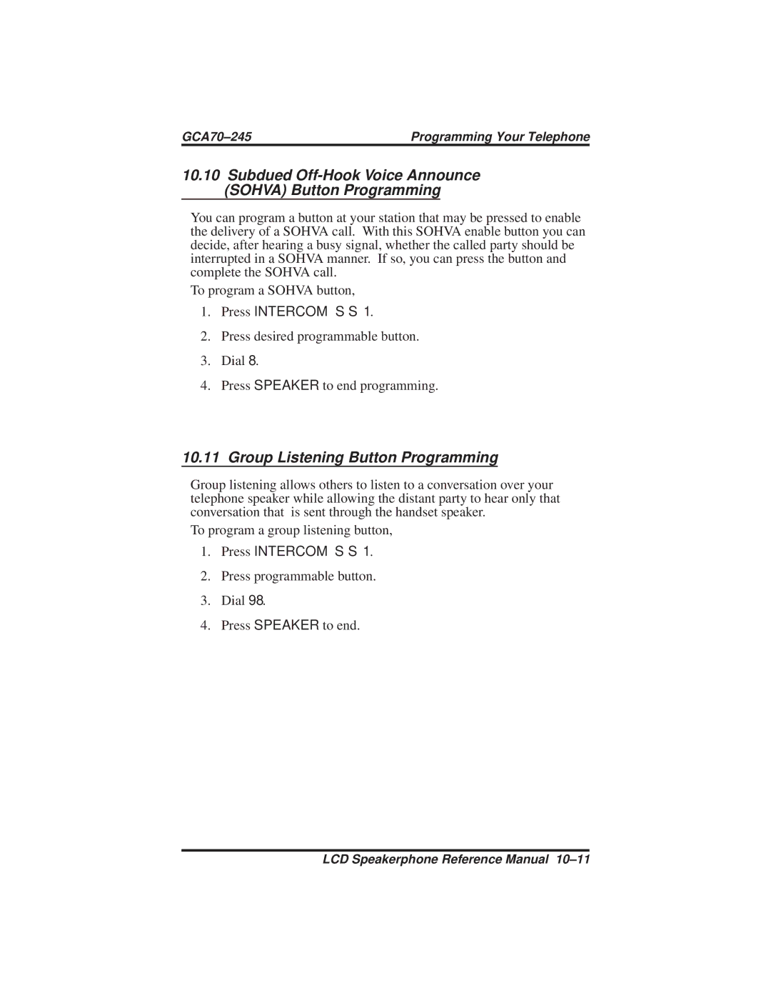 Vertical Communications DSU and DSU II manual Subdued Off-Hook Voice Announce Sohva Button Programming 