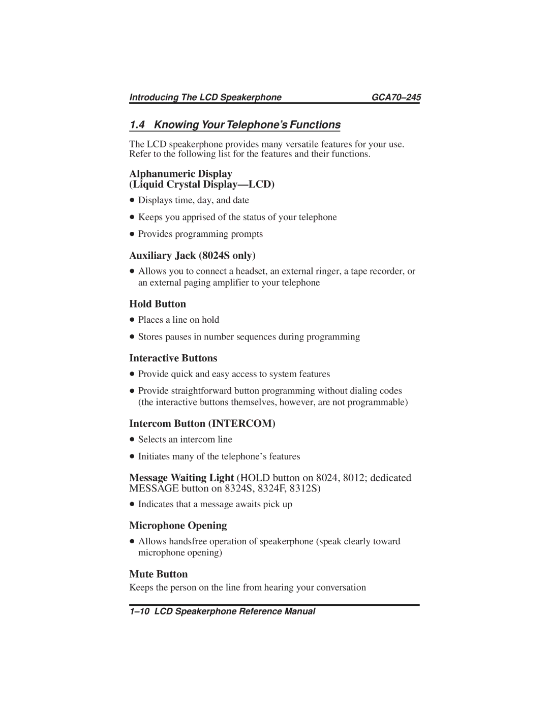 Vertical Communications DSU and DSU II Knowing Your Telephone’s Functions, Alphanumeric Display Liquid Crystal Display-LCD 