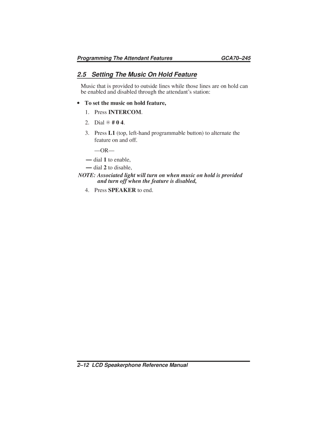 Vertical Communications DSU and DSU II manual Setting The Music On Hold Feature 