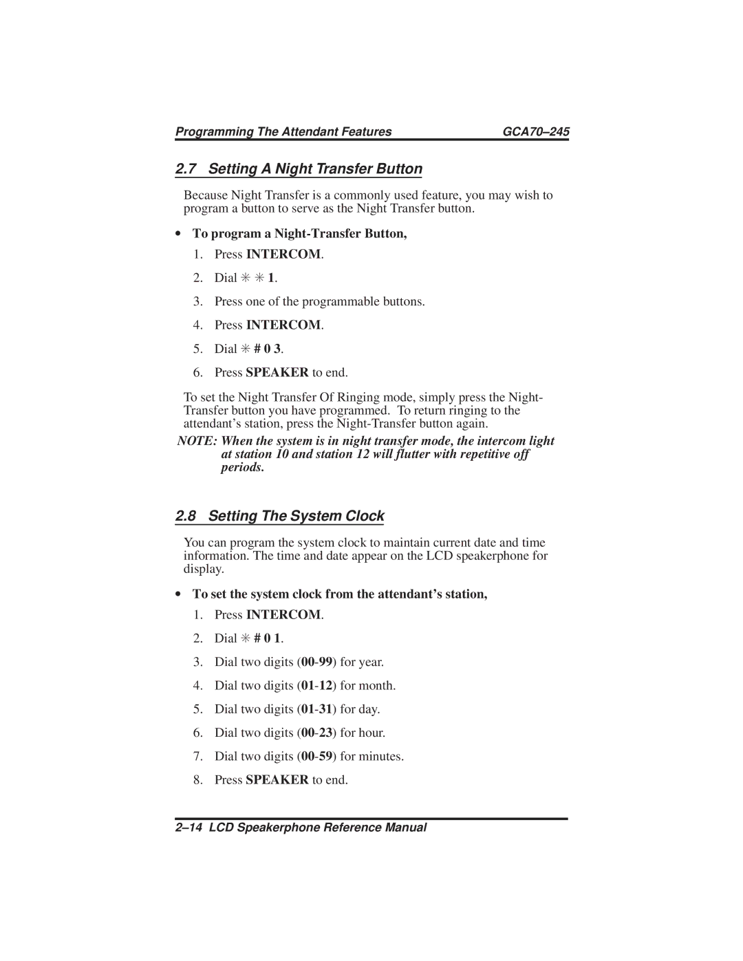 Vertical Communications DSU and DSU II manual Setting a Night Transfer Button, Setting The System Clock 