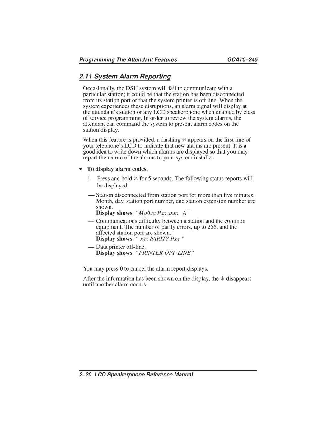 Vertical Communications DSU and DSU II manual System Alarm Reporting, ∙ To display alarm codes 