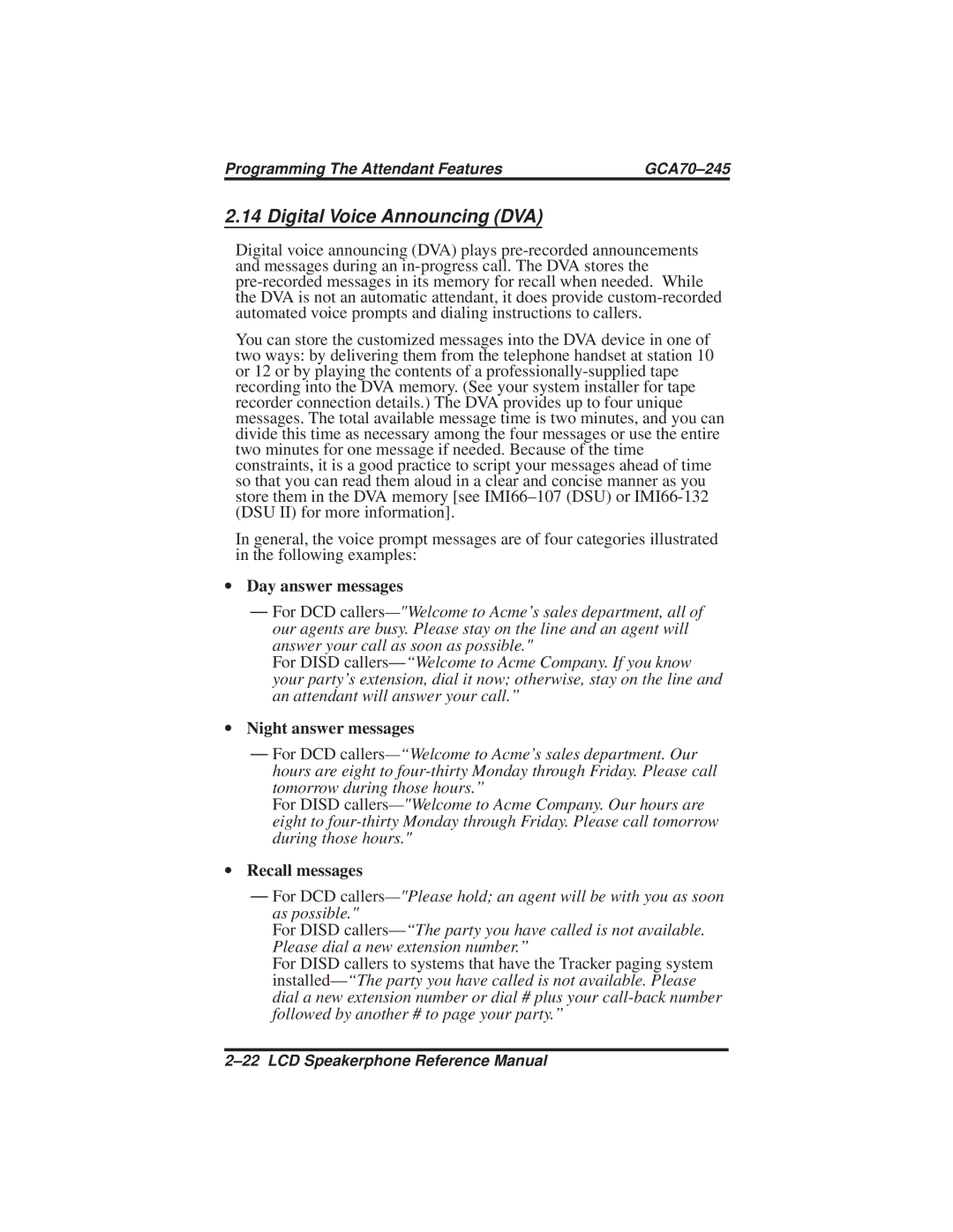 Vertical Communications DSU and DSU II manual Digital Voice Announcing DVA, ∙ Day answer messages, ∙ Night answer messages 