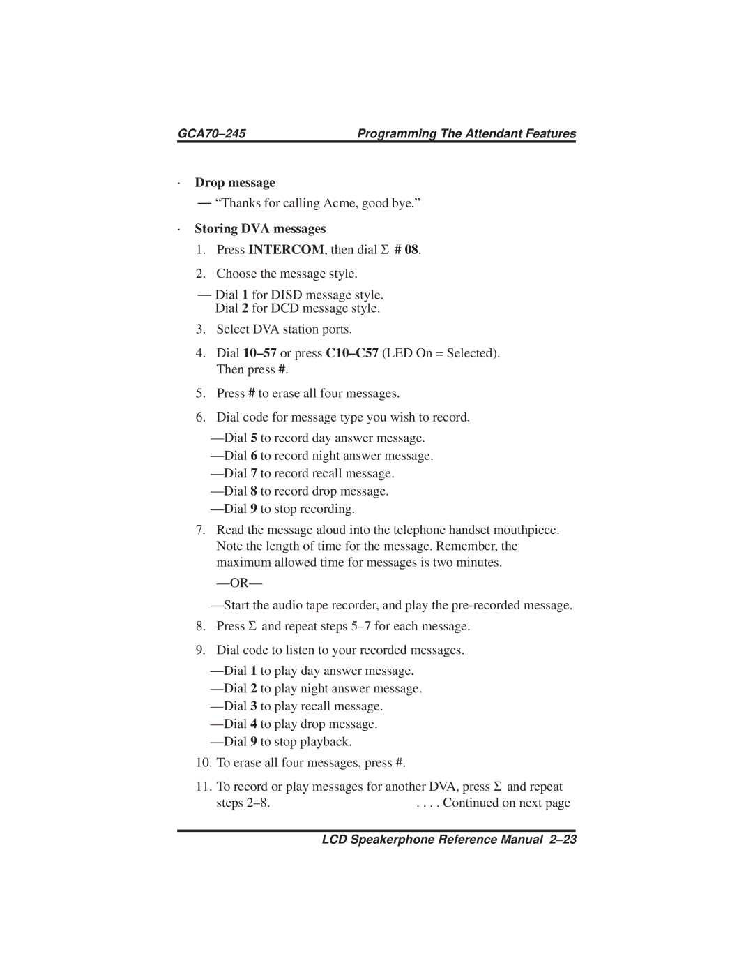 Vertical Communications DSU and DSU II manual ∙ Drop message, ∙ Storing DVA messages 