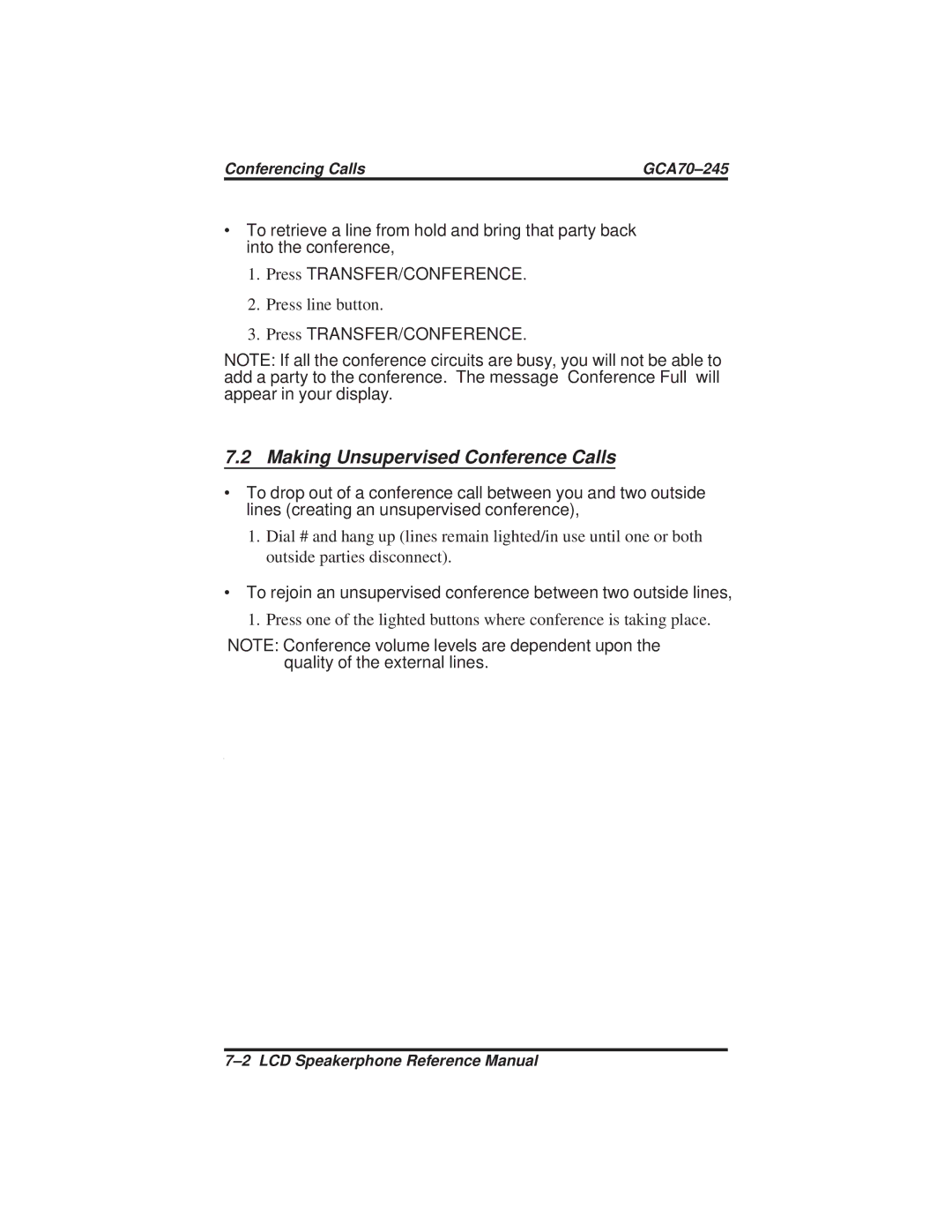 Vertical Communications DSU and DSU II manual Making Unsupervised Conference Calls, Press TRANSFER/CONFERENCE 