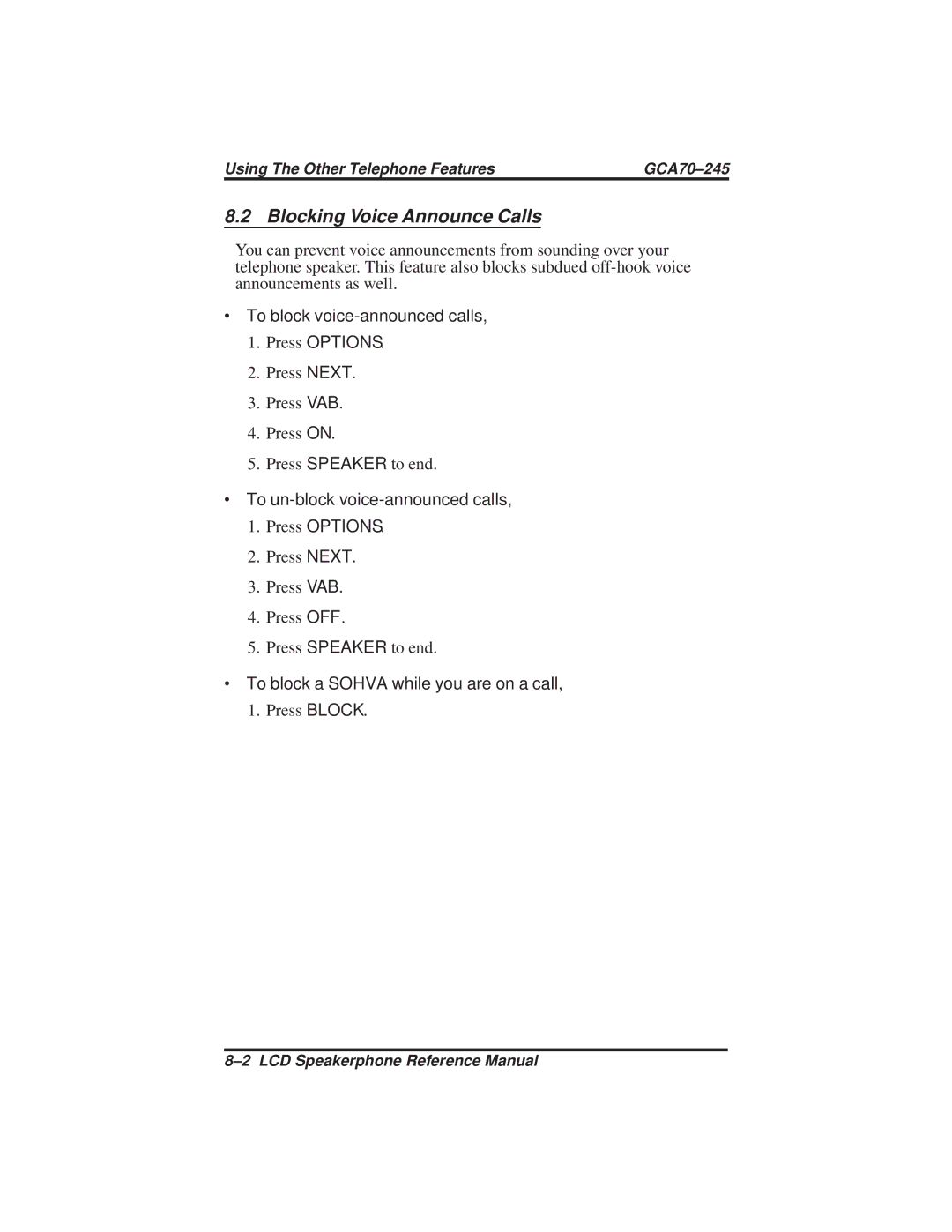 Vertical Communications DSU and DSU II manual Blocking Voice Announce Calls, ∙ To block voice-announced calls 