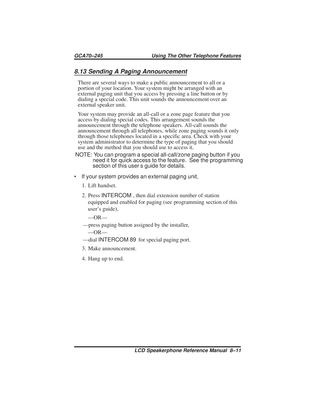 Vertical Communications DSU and DSU II Sending a Paging Announcement, ∙ If your system provides an external paging unit 