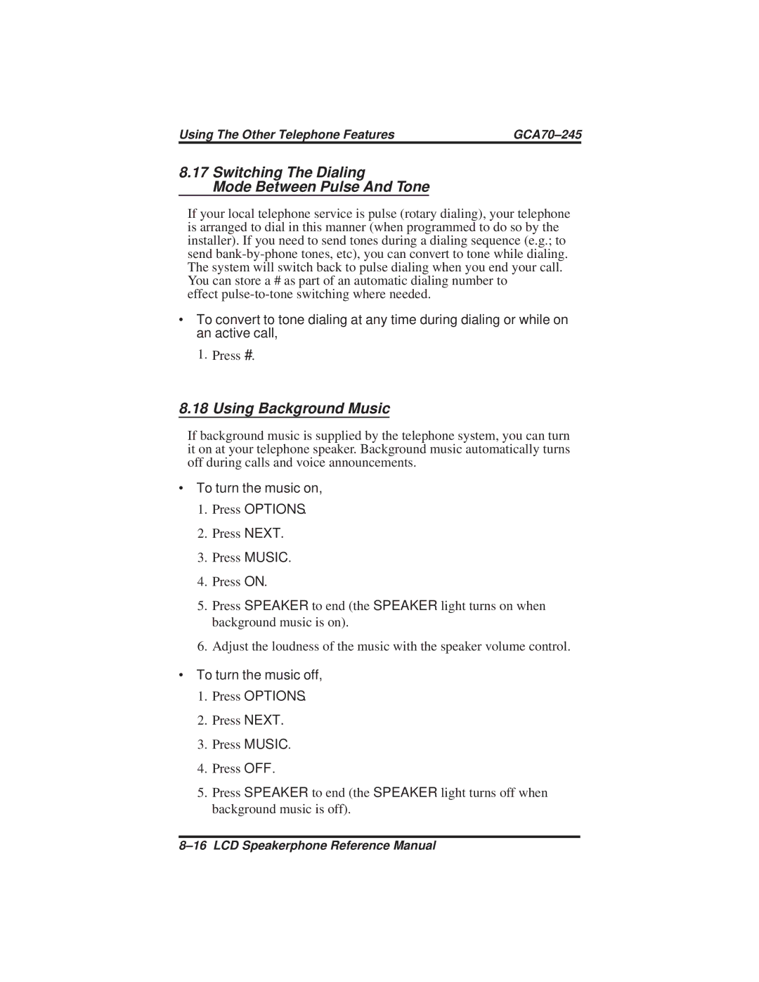 Vertical Communications DSU and DSU II manual Switching The Dialing Mode Between Pulse And Tone, Using Background Music 