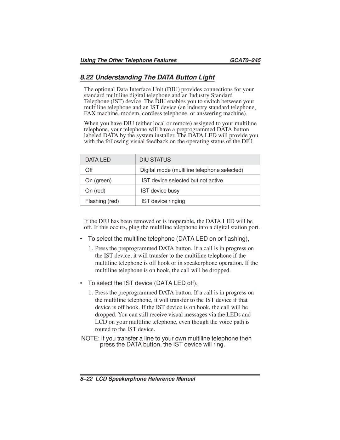 Vertical Communications DSU and DSU II manual Understanding The Data Button Light, ∙ To select the IST device Data LED off 