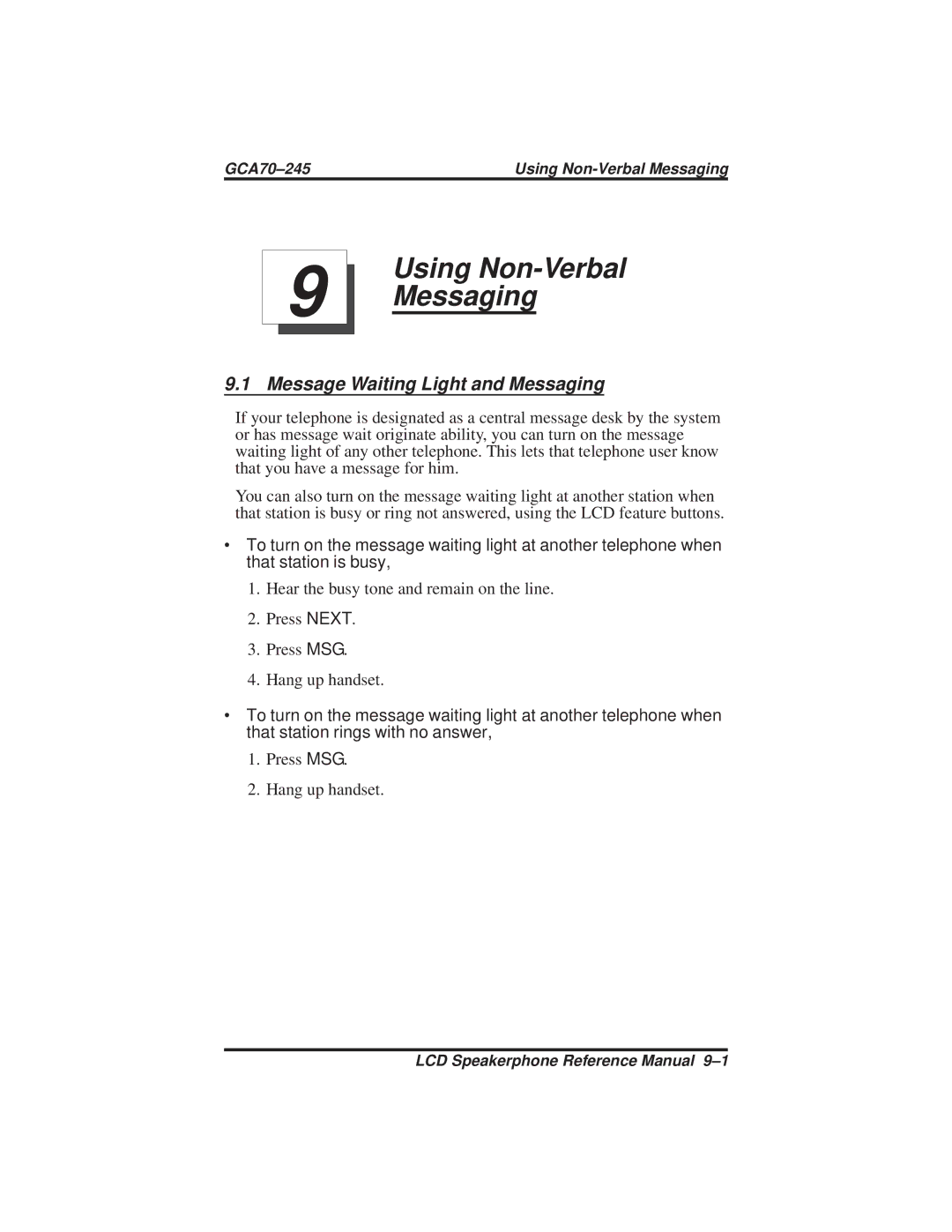 Vertical Communications DSU and DSU II manual Using Non-Verbal Messaging, Message Waiting Light and Messaging 