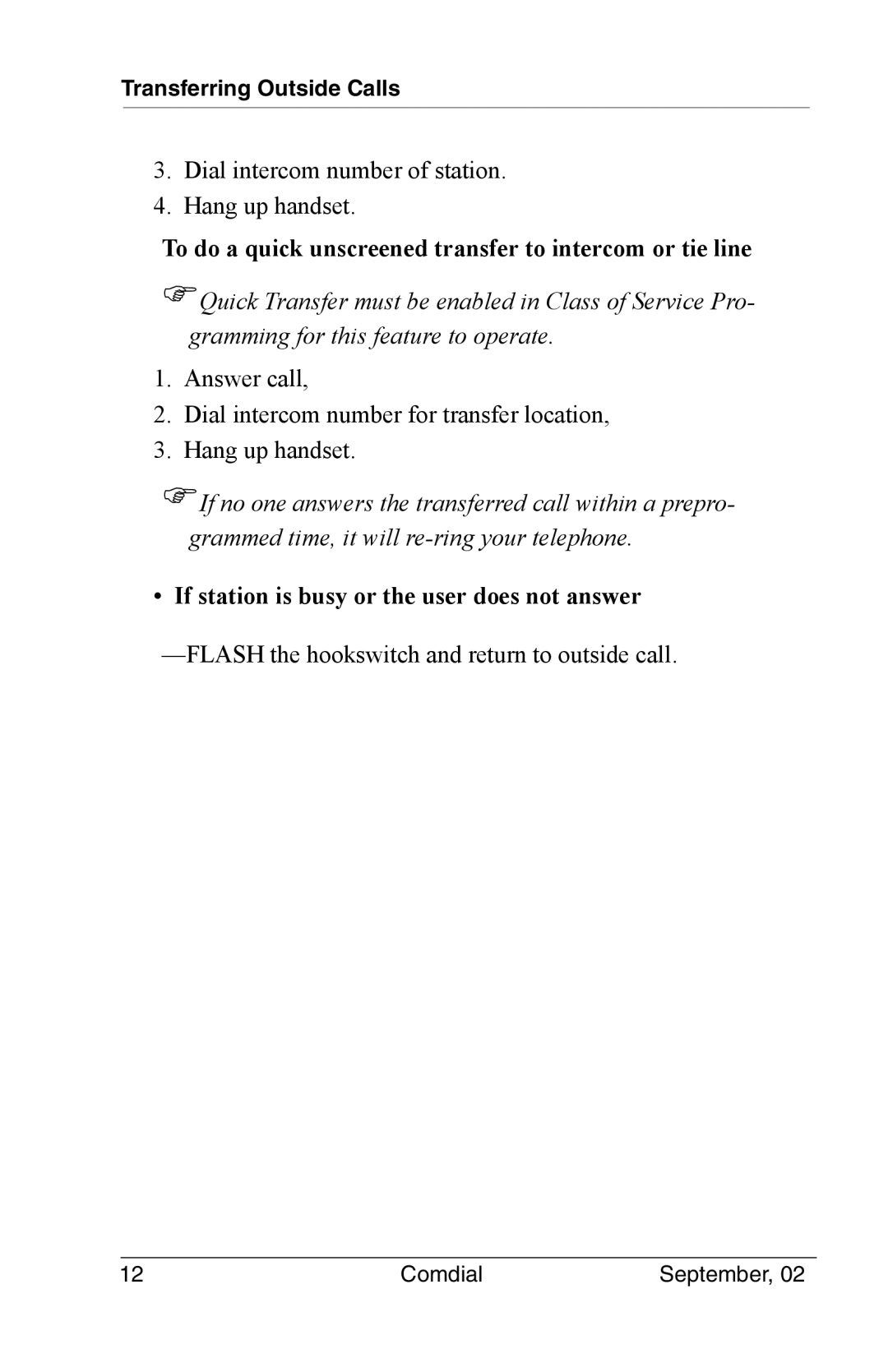 Vertical Communications DSU II manual To do a quick unscreened transfer to intercom or tie line 