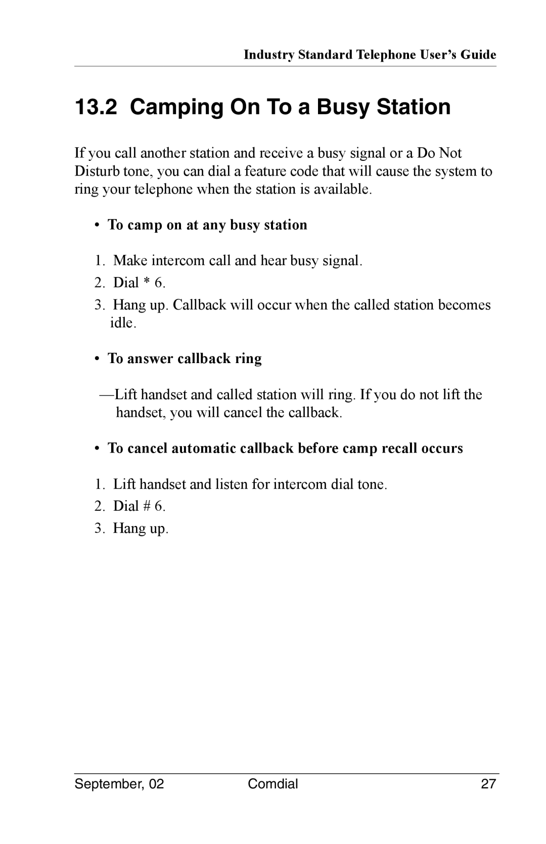 Vertical Communications DSU II manual Camping On To a Busy Station, To camp on at any busy station, To answer callback ring 