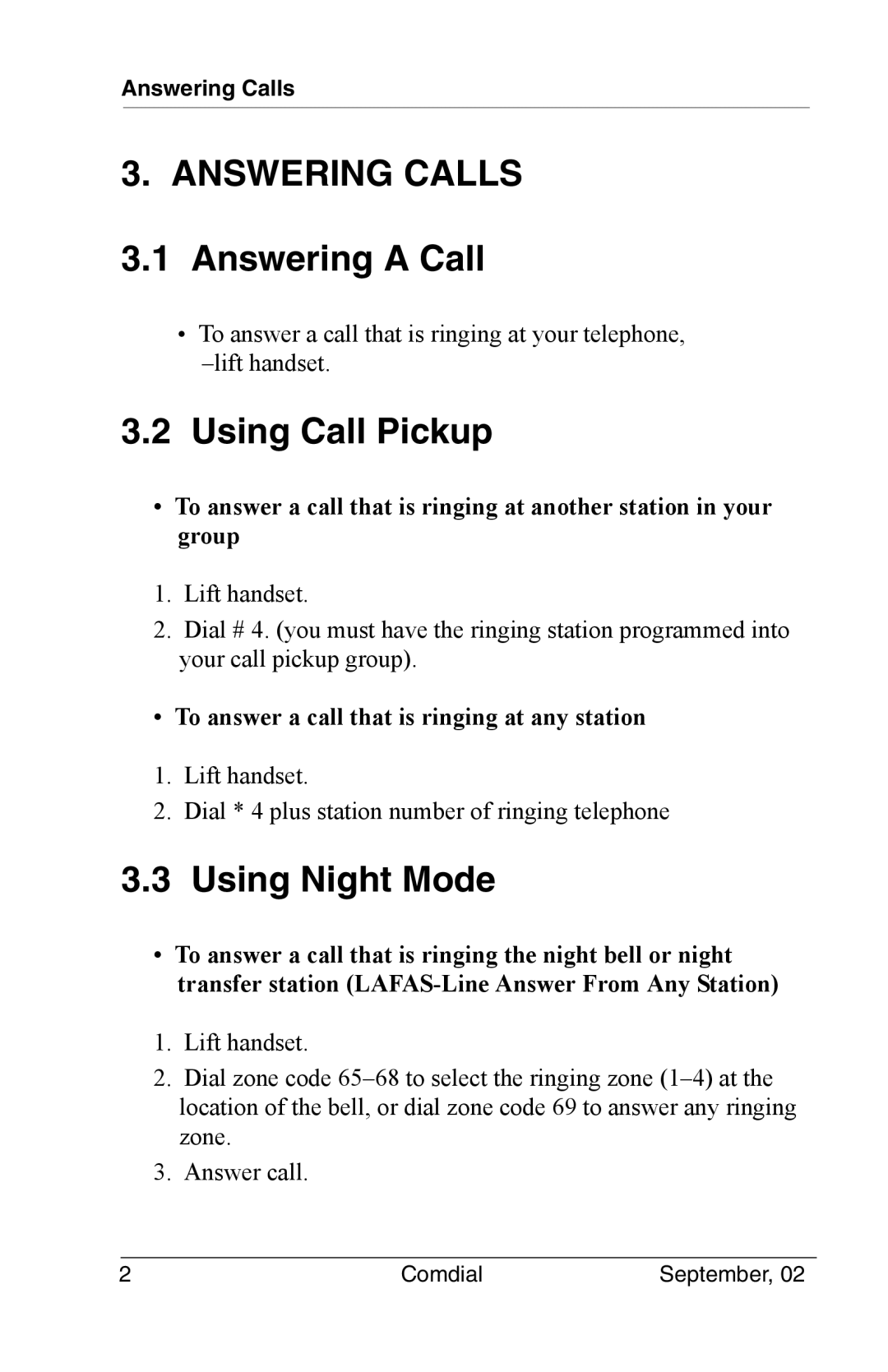 Vertical Communications DSU II manual Answering Calls, Answering a Call, Using Call Pickup, Using Night Mode 