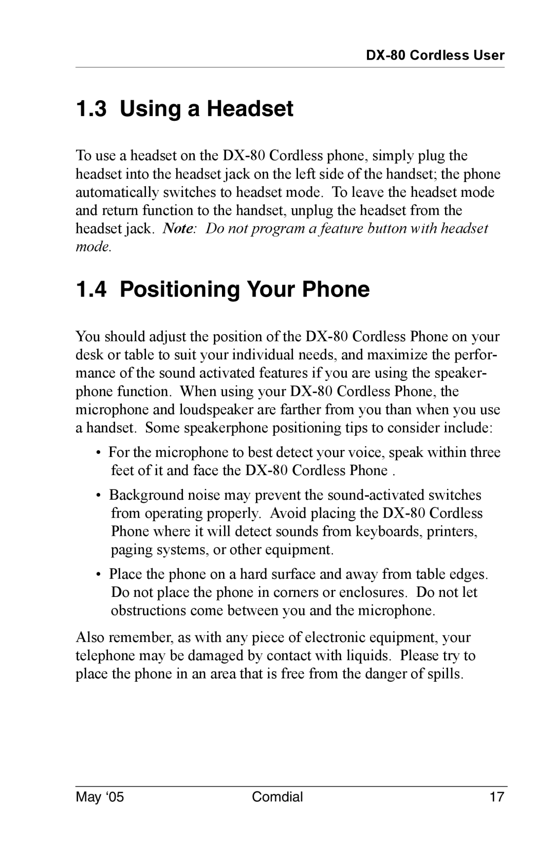 Vertical Communications DX-80 manual Using a Headset, Positioning Your Phone 