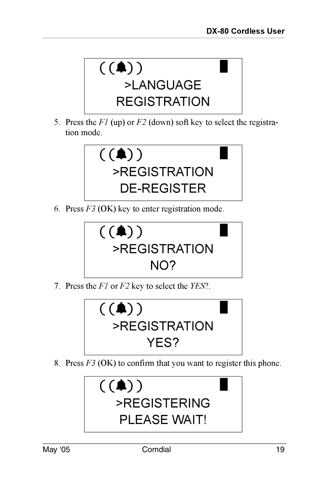 Vertical Communications DX-80 manual Language Registration, Registration DE-REGISTER, Registration NO?, Registration YES? 