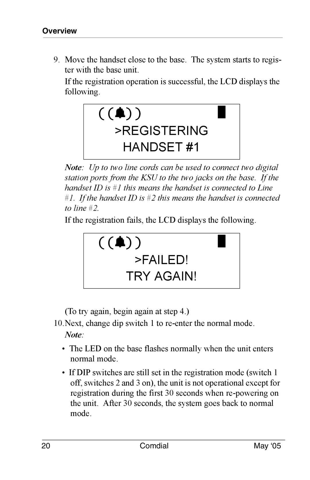 Vertical Communications DX-80 manual Registering Handset #1, Failed TRY Again 