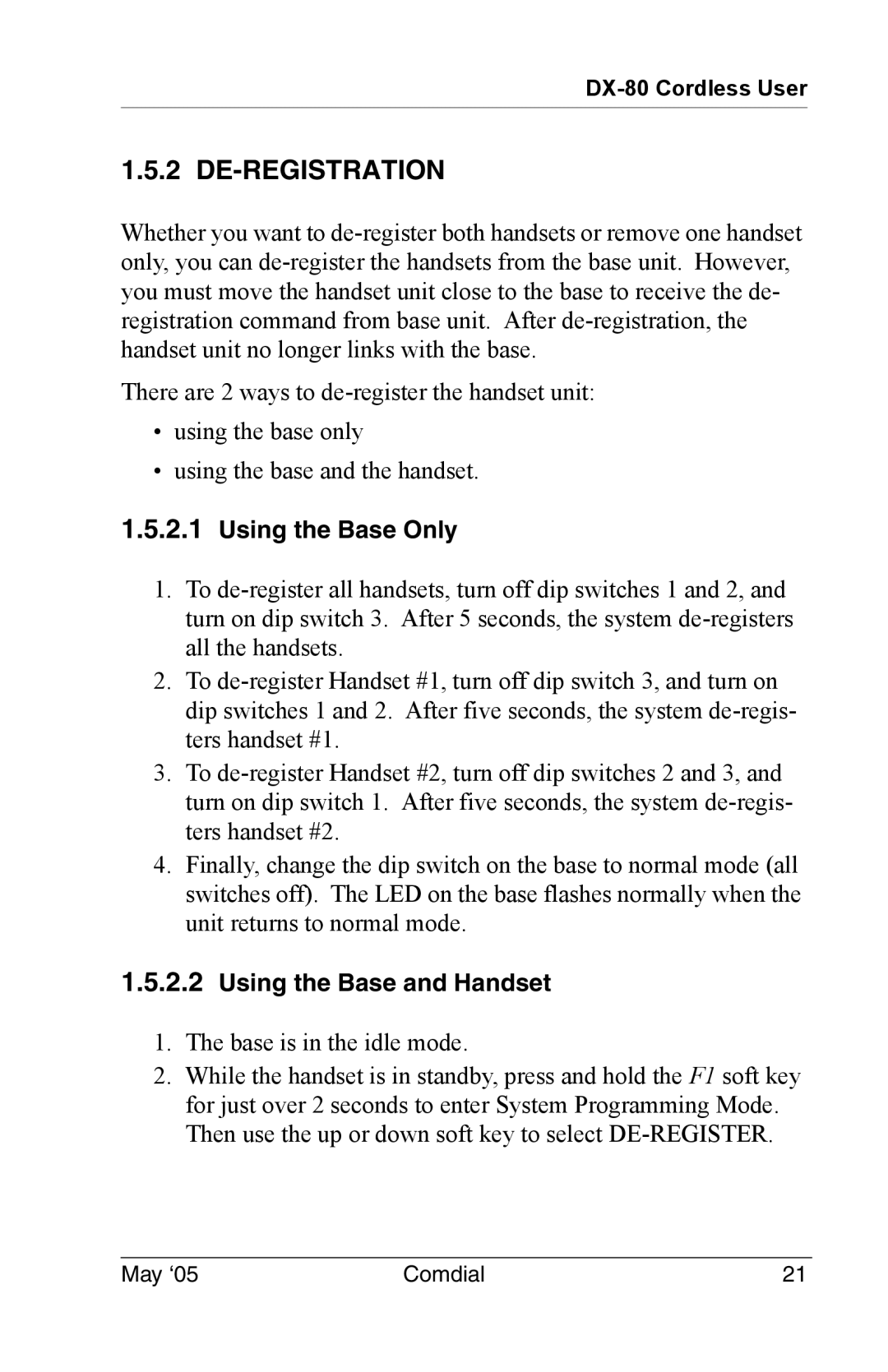 Vertical Communications DX-80 manual De-Registration, Using the Base Only 