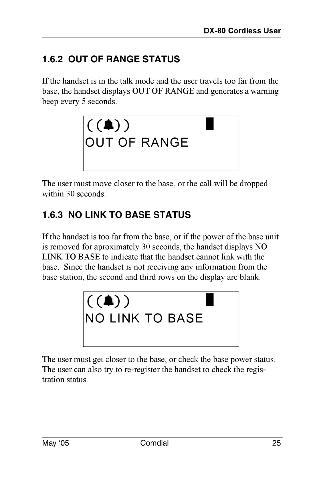 Vertical Communications DX-80 manual OUT of Range Status, No Link to Base Status 