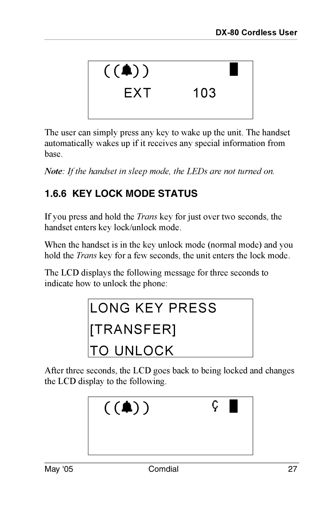 Vertical Communications DX-80 manual Ext, Long KEY Press Transfer To Unlock, KEY Lock Mode Status 