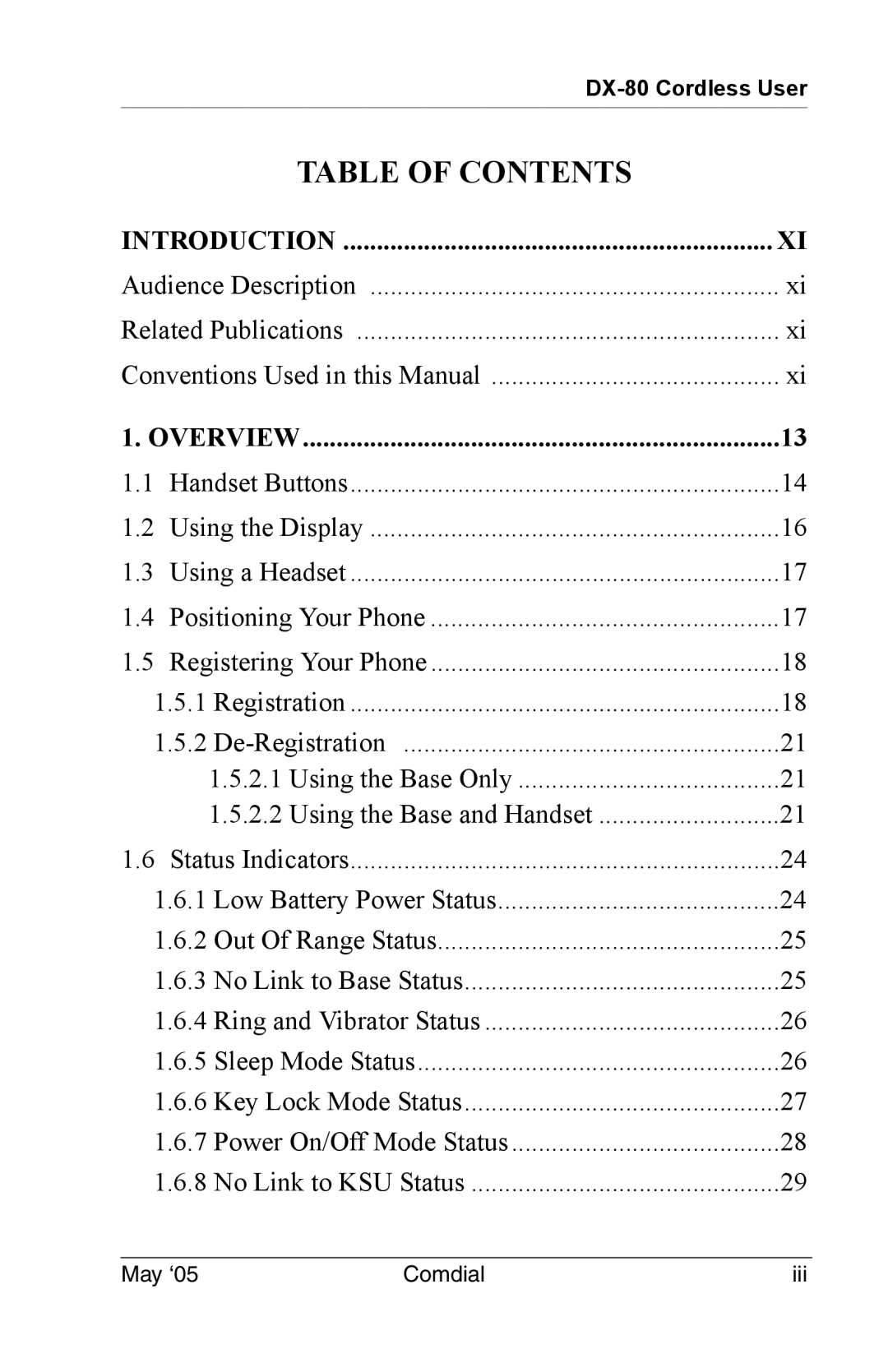 Vertical Communications DX-80 manual Table of Contents 