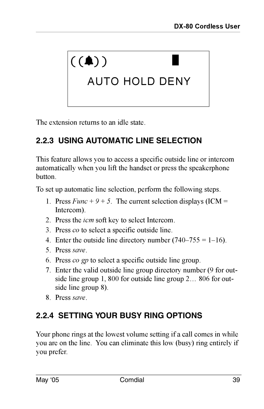 Vertical Communications DX-80 manual Auto Hold Deny, Using Automatic Line Selection, Setting Your Busy Ring Options 