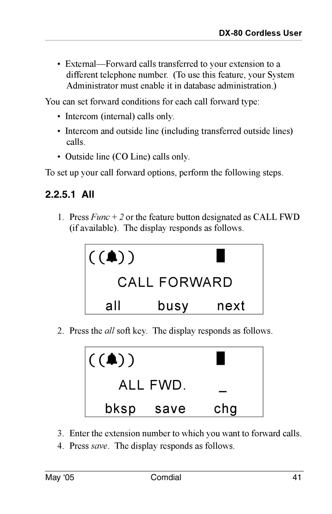 Vertical Communications DX-80 manual Call Forward, All busy next, ALL FWD. bksp save chg 