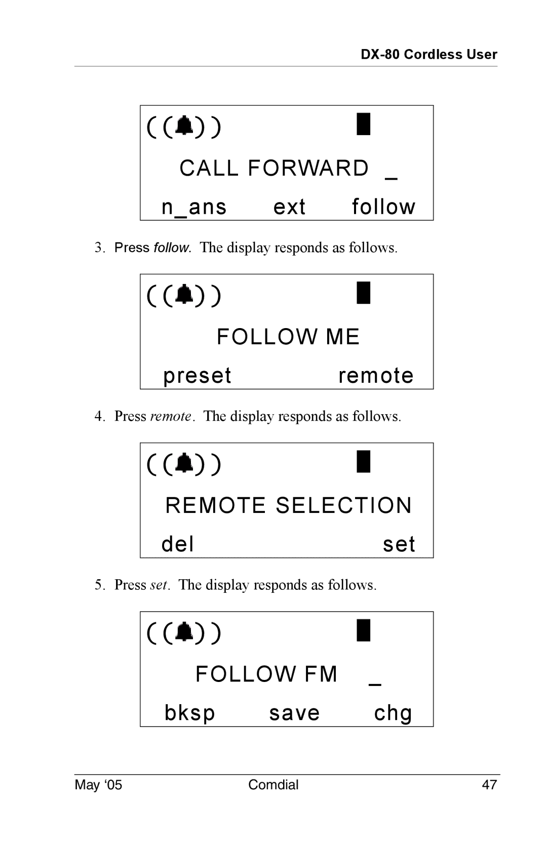 Vertical Communications DX-80 manual Follow ME, Preset remote, Remote Selection, Delset, Follow FM 