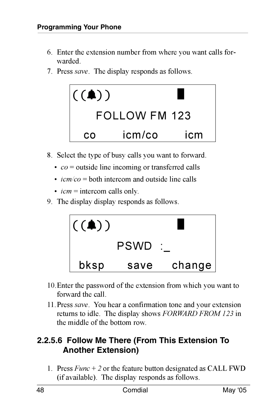 Vertical Communications DX-80 manual Pswd, Bksp save change 