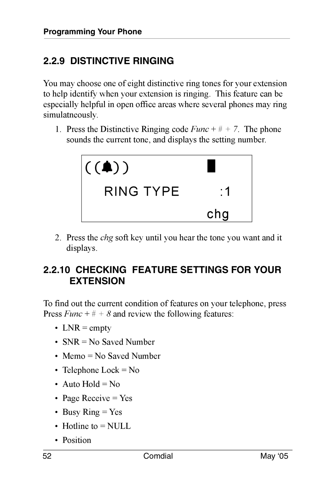 Vertical Communications DX-80 manual Ring Type, Chg, Distinctive Ringing, Checking Feature Settings for Your Extension 