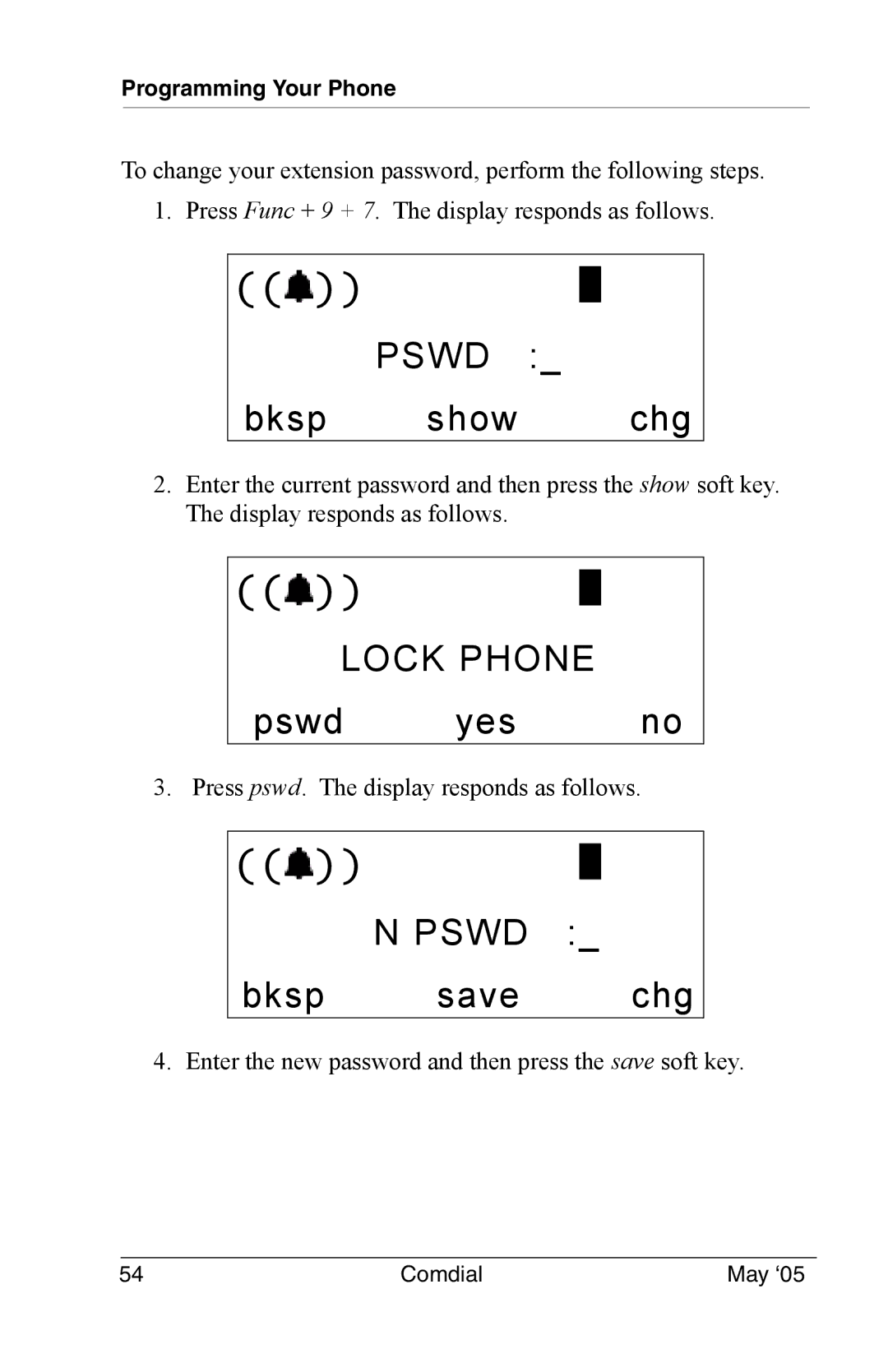 Vertical Communications DX-80 manual Bksp show chg, Lock Phone, Pswd yes no 